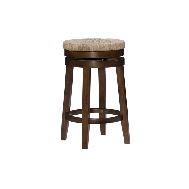 25" Backless Counter Stool with Swivel, Walnut Brown with Natural Rush