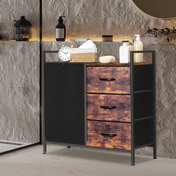 Laundry Hamper, 3‑Drawer Laundry Sorter with Removable Clothes Bag & Wooden Top – Rustic Brown & Black
