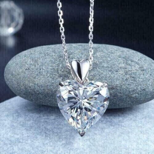 Solitaire Round Cut VVS1/D 2.00Ct Simulated Diamond Cluster Heart Chain Pendant 14K White Gold Finish