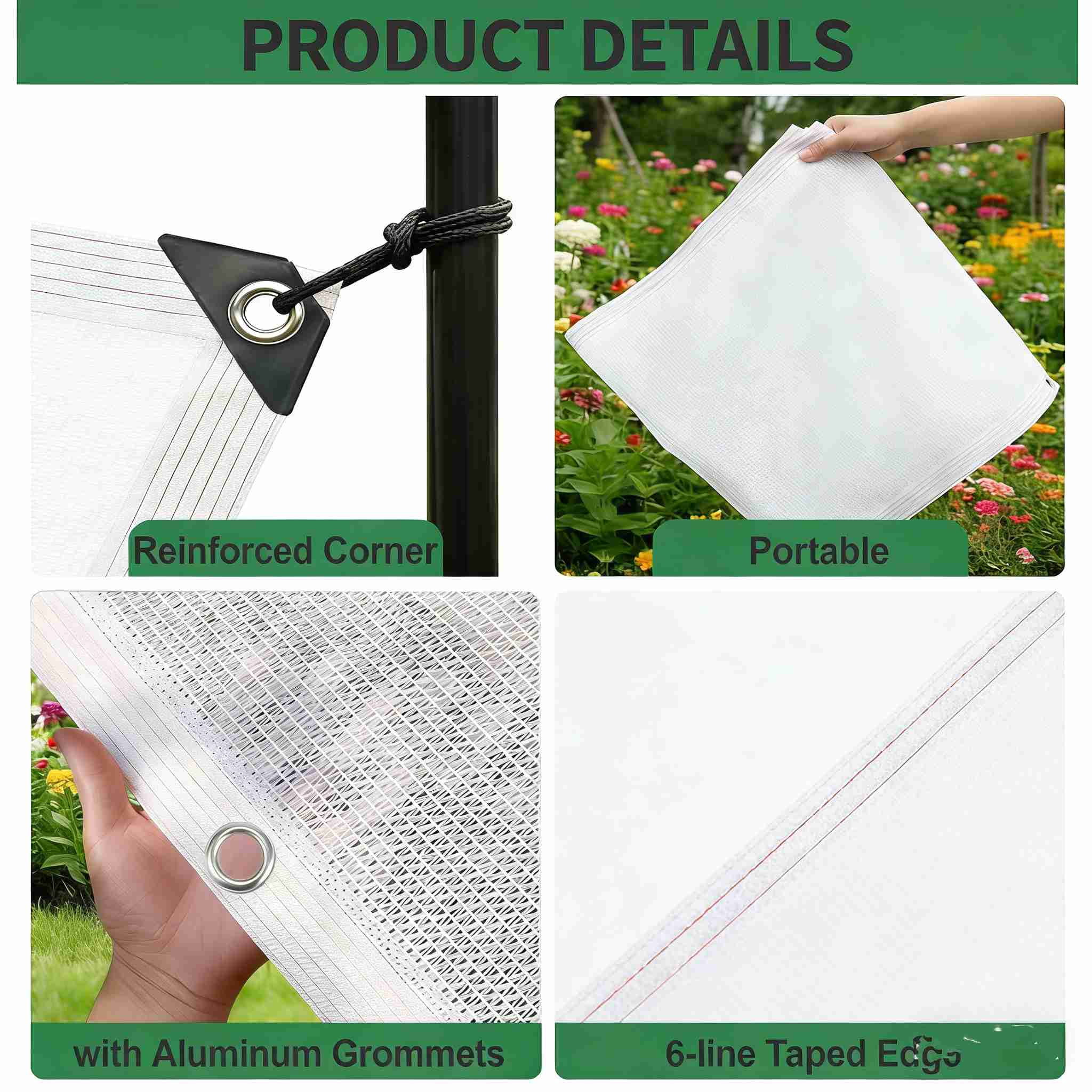 Garden Shade Cloth, 55% Sun Shade Net with Grommets, Plant Shades Mesh Tarp, Chicken Coop Shade Cover, Shade Cloth for Greenhouse(6.56x6.56ft, Whte)