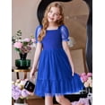 thumbnail image 2 of Oudiya Girls Tulle Dresses Puff Sleeve Bow Tie Back Spring Summer Party Holiday Dress for Kids 6-16, 2 of 6