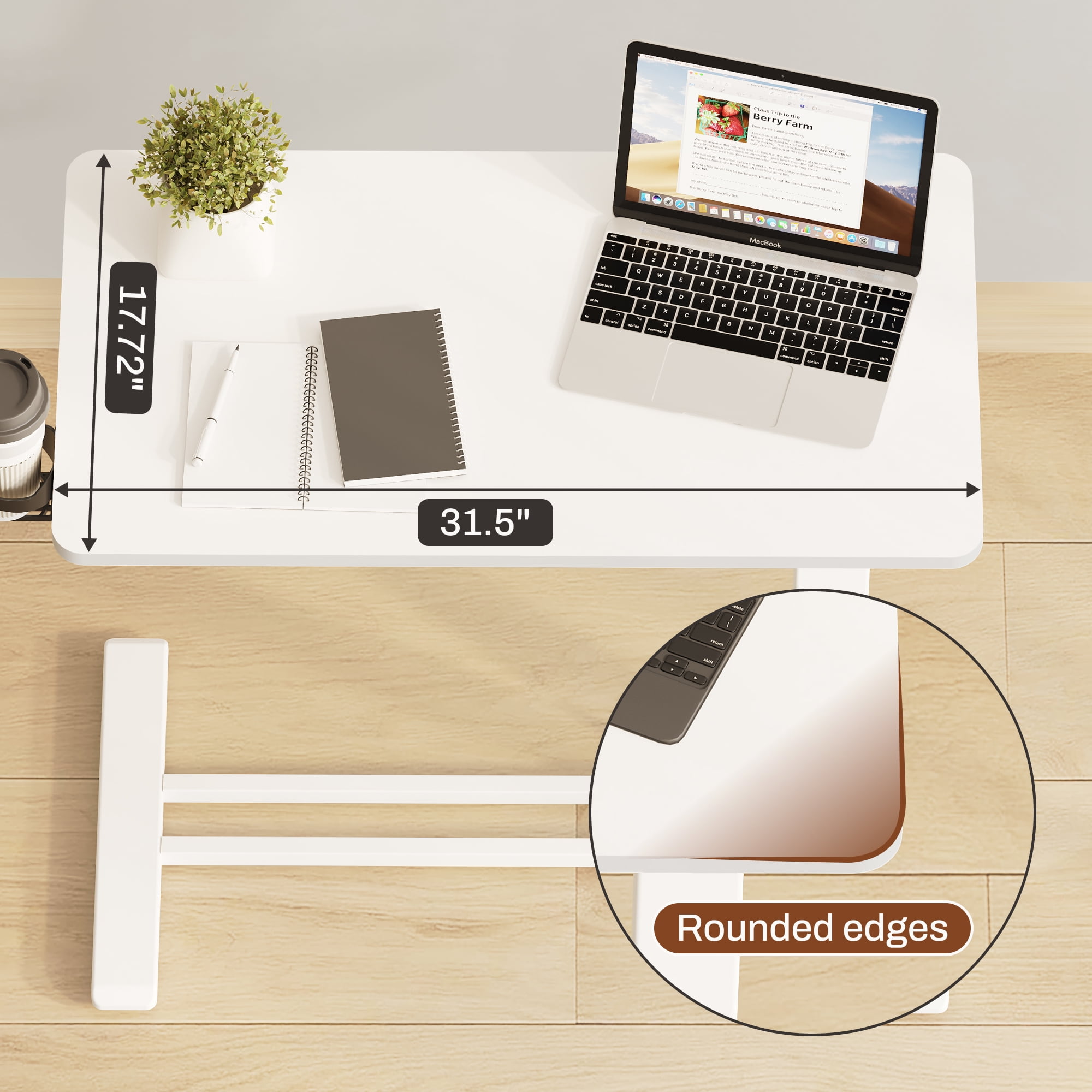 FitStand Height Adjustable Medical Bed Table with Hidden Casters, Rolling Laptop Desk with Cup Holder, Small Pneumatic Sit Stand Desk for Home Office, Sofa or Bedside Use, 32"x18", White