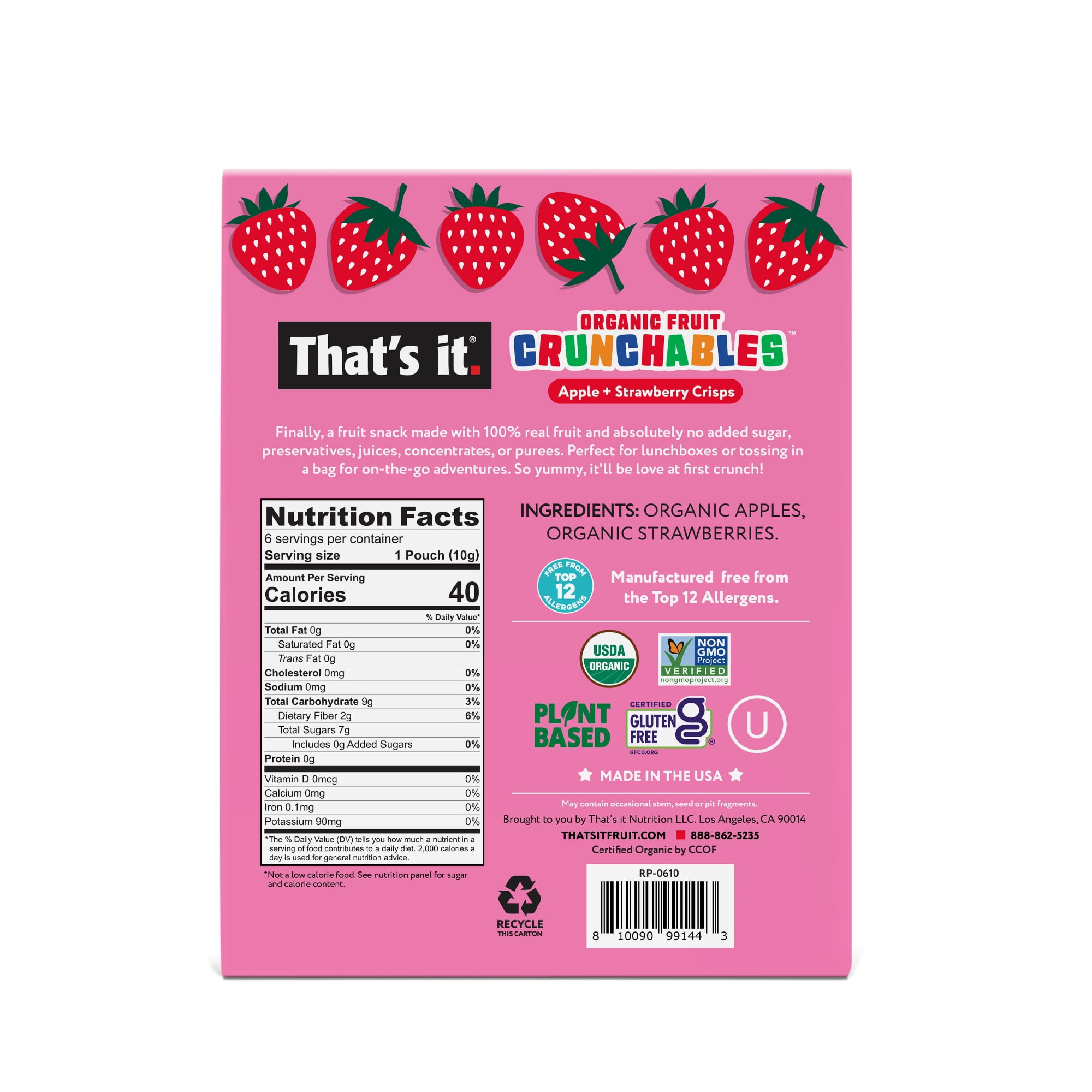 (6 pack) That's It. Crispy, Gluten-Free, Organic Apple + Strawberry Crunchables, 6 Count