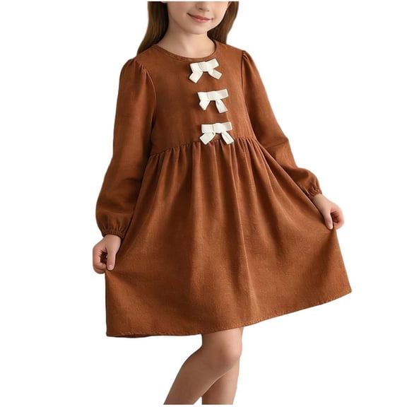 HAiming Girls Dresses Long Sleeve Crew Neck Solid Color A-Line School Uniform Knee Length Dress with Bow