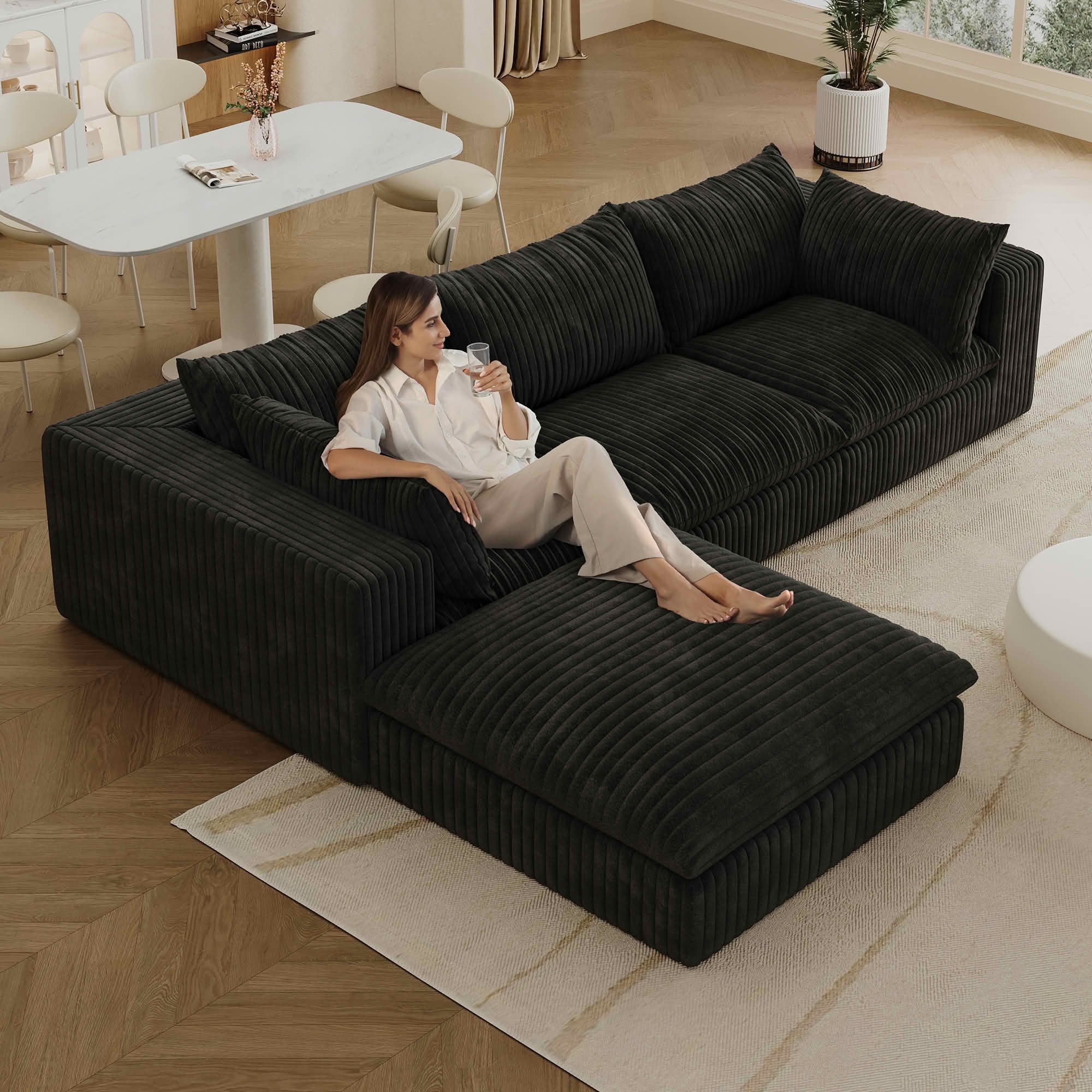 MAYEERTY 118.2" Cloud Corduroy Sofa, Deep Seat Double-Layer Design, Removable Cushion No Assembly, DIY Combination, Black