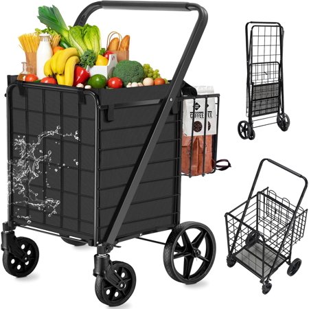2-Tier Shopping Cart with Wheels Folding Grocery Cart with Removable Double Baskets 360° Rolling Laundry Cart Compact Pet Stroller Utility Cart for Groceries with Oxford Cloth Liner, Black