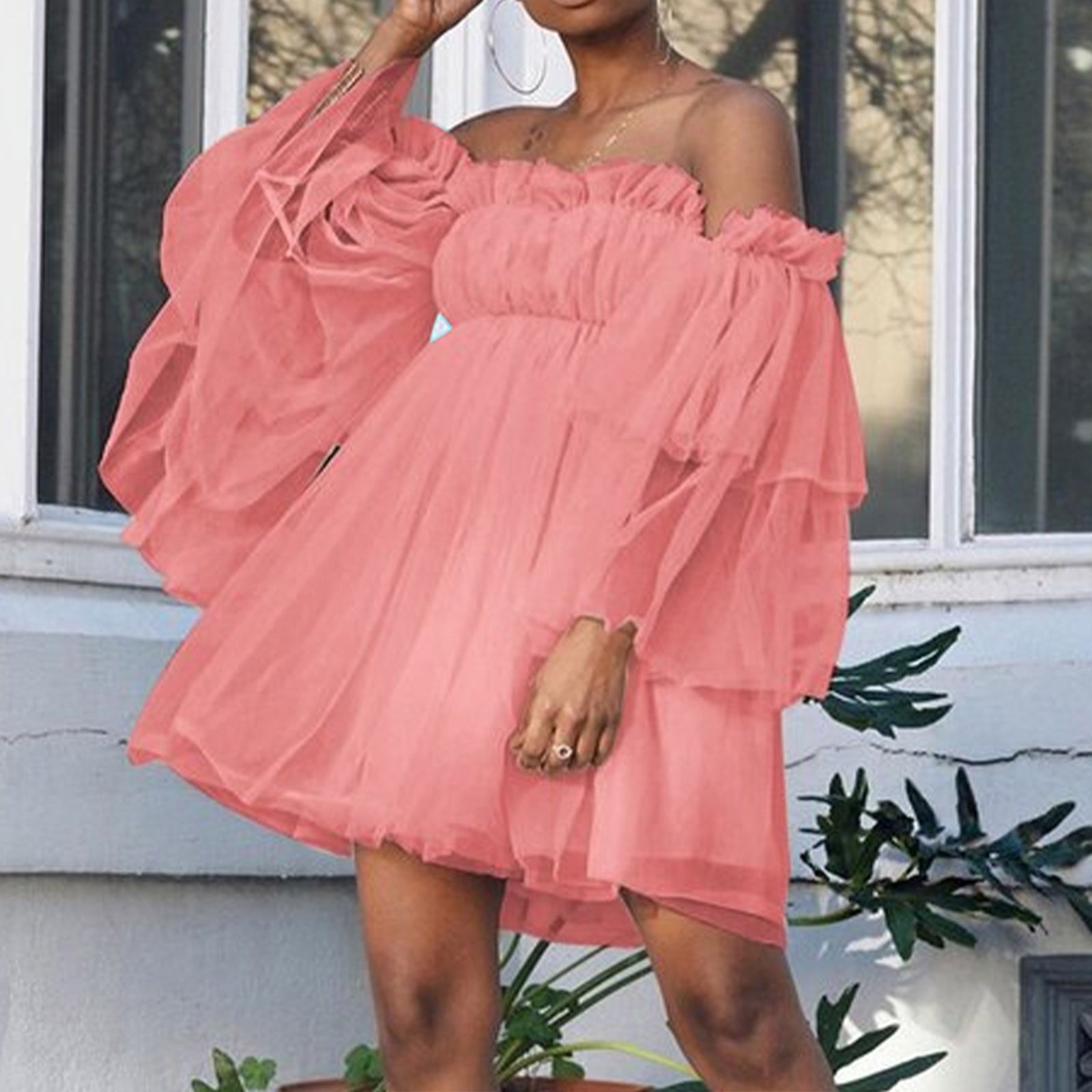uublik Women's Romantic Off Shoulder Flounce Long Sleeve Wedding Ruffle Mesh  Party Mini Dress - Walmart.com
