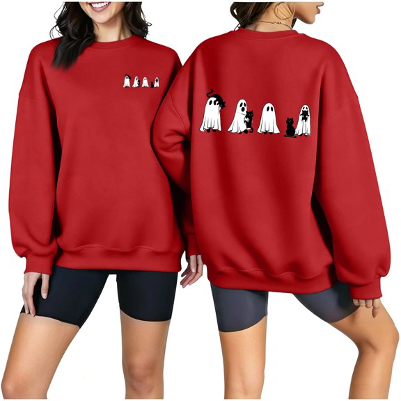 Qingpeng Womens Halloween Sweatshirt Spooky Season Print Crewneck Oversized Long Sleeve Oversized Fall Pullover Tops Loose Comfy Shirts