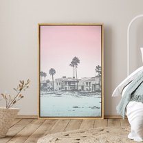 PixonSign Framed Canvas Print Wall Art Duotone Pink & Teal Beach Houses Nature Ocean Photography Realism Nautical Landscape Colorful Multicolor for Living Room, Bedroom, Office - 16"x24"