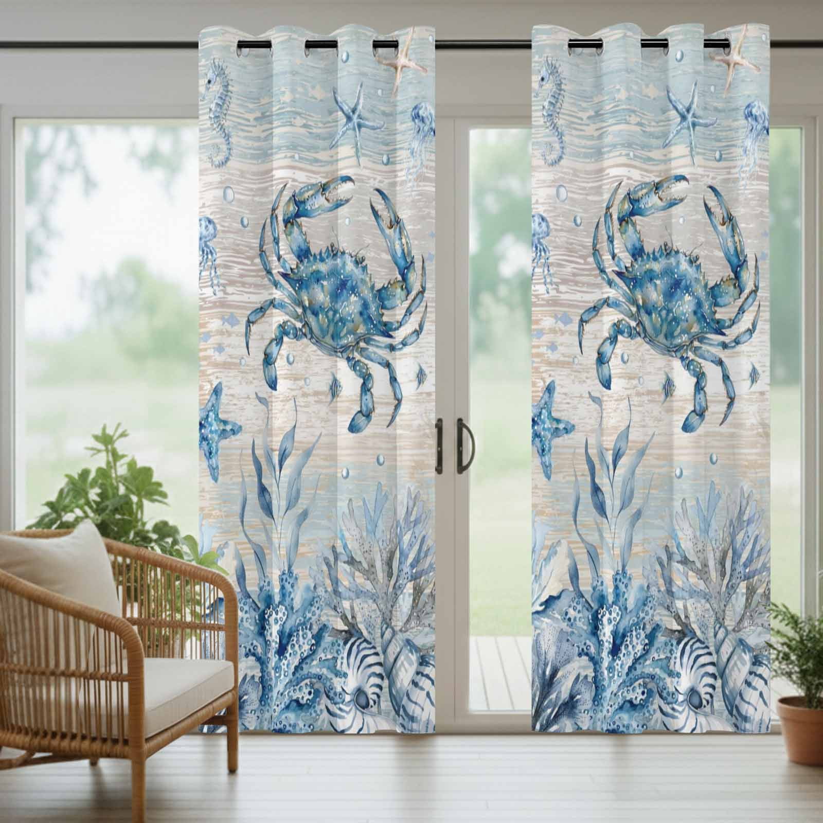 Marine Life Outdoor Curtains for Patio, Ocean Crab Coral Starfish Seashell Jellyfish Coastal Sunshade Privacy Drapes Grommet Waterproof Outside Curtains for Porch/Cabana/Balcony 54"x 108", 1 Panel