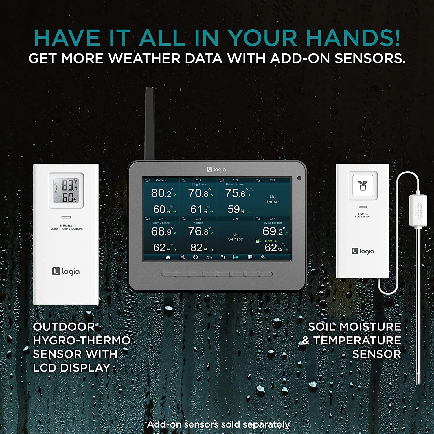 Logia 7-in-1 Wireless Self-Charging Weather Station with Wi-Fi, Solar Cell & 7” LCD HD Display