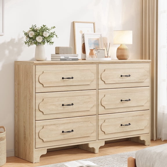Vividwood Modern 6 Drawer Dresser Oak Horizontal Brown