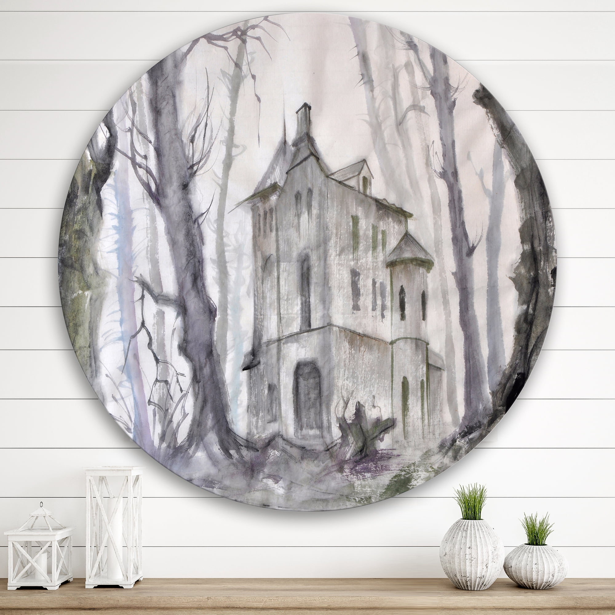 Designart 'Old Haunted Castle In The Woods' Traditional Circle Metal Wall Art 29x29 - Disc of 29