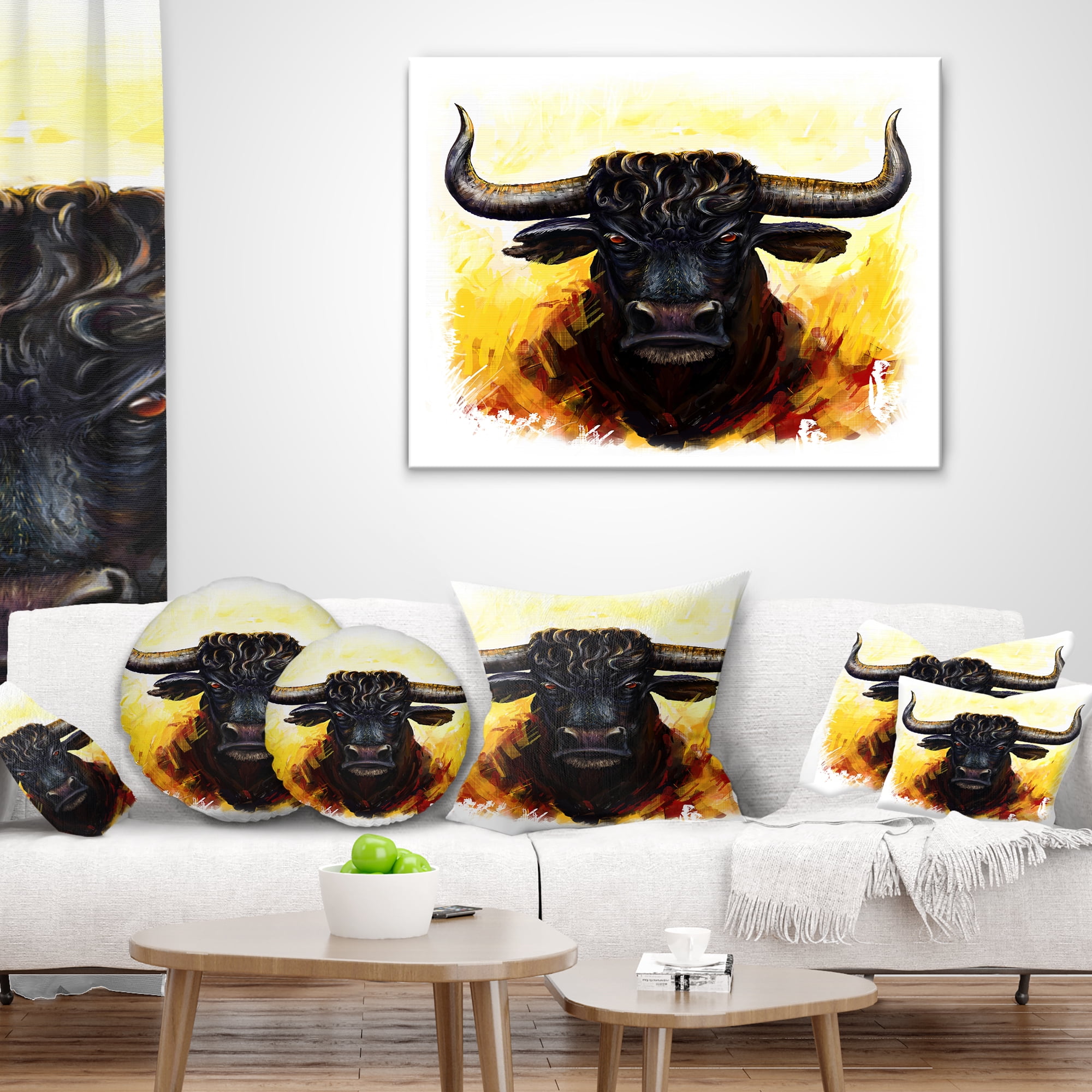 Designart Fierce Bull Illustration - Animal Throw Pillow - 12x20