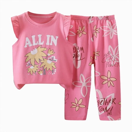 CAICJ98 Toddler Baby Girls Summer Clothes 3 6 12 18 Months 2T 3T 4T 5T Girls Outfits Sleeveless Dinosaur Print Tank Top+Pants Set (Pink 5-6 Years)