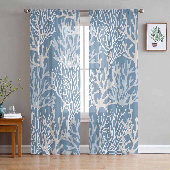 Blue Coral Coastal Sheer Curtains 108 Inch Length 2 Panels Set for Living Room/Bedroom, Ocean Nautical Seaside Beach Semi Curtain Sheers Drapes Rod Pocket Curtains Window Treatment Set 52''x108''x2