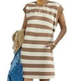 thumbnail image 2 of Lovskoo Striped Summer Dresses for Women 2024 Crewneck Cap Sleeve Color Block Casual Tshirt Dress with Pockets Khaki, 2 of 8