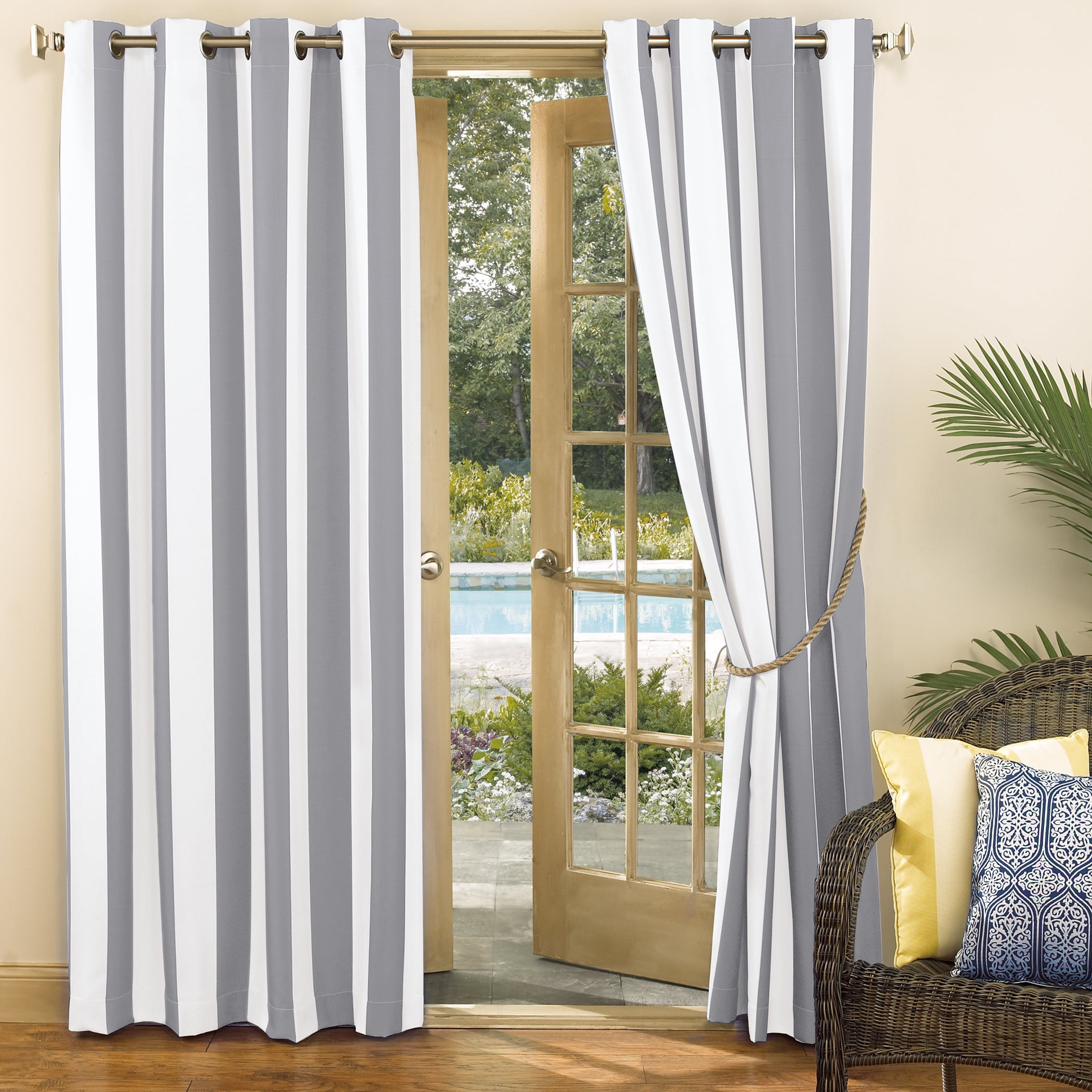 Sun Zero Valencia Cabana Stripe Indoor/Outdoor UV Protectant Room Darkening Grommet Curtain Panel, 54"x84", Gray