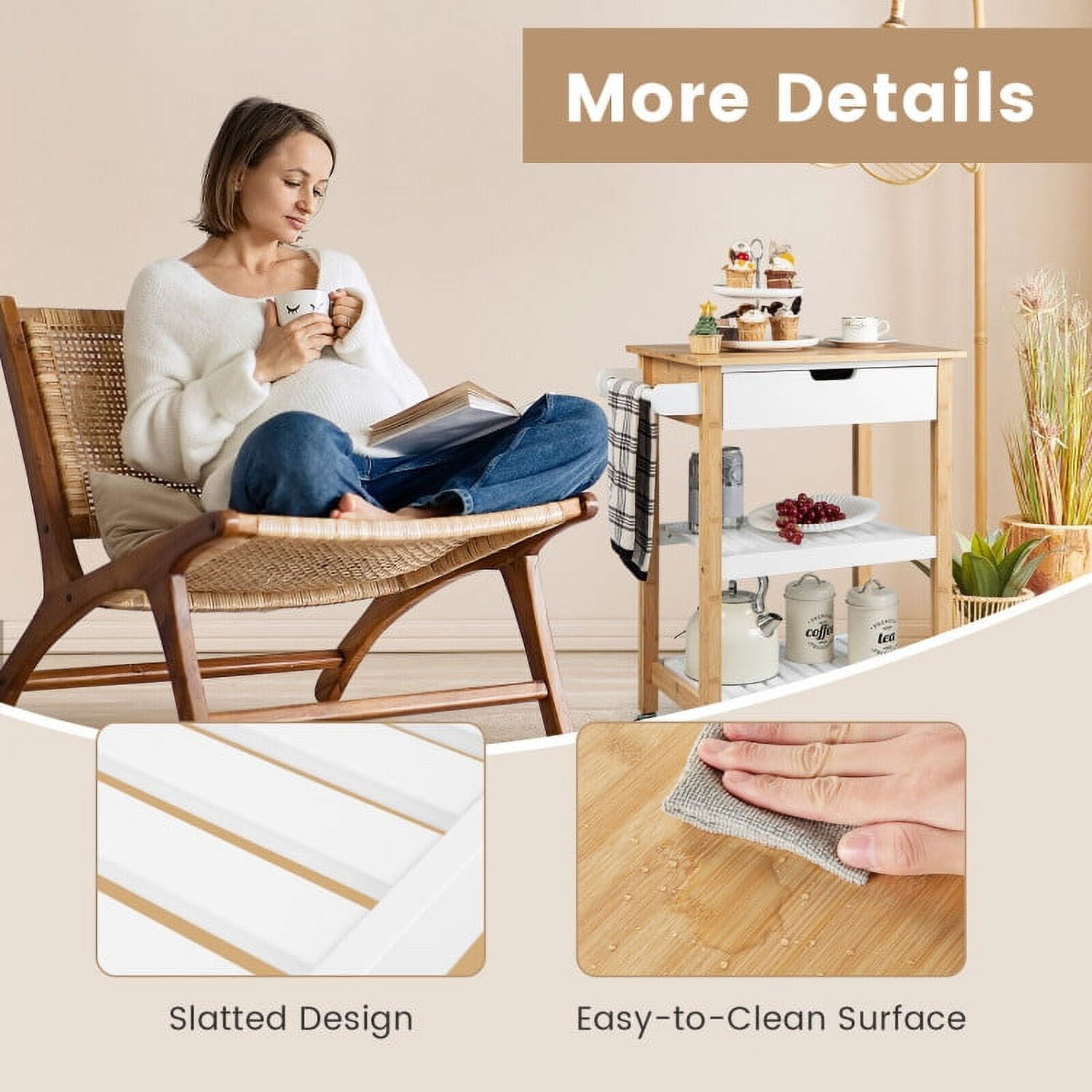 Finihen Rolling Cart, Kitchen Island Cart, 3-Tier Kitchen Island Cart Rolling Service Trolley with Bamboo Top, for Kitchen, Dining Room, Natural Finihen Rolling Cart, Kitchen Island Cart, 3-Tier Kitchen Island Cart Rolling Service Trolley with Bamboo Top, for Kitchen, Dining Room, Natural