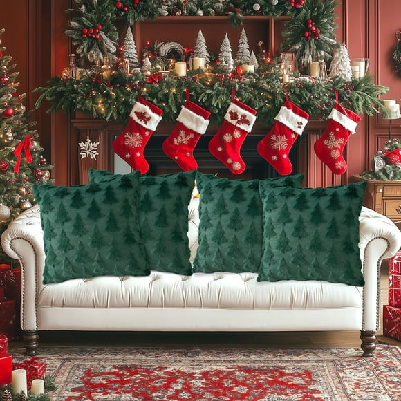 Refurbished ZYNERY Velvet Christmas Tree Pillow Covers, Soft Plush Velvet, Green, 18x18 in, Pack of 4