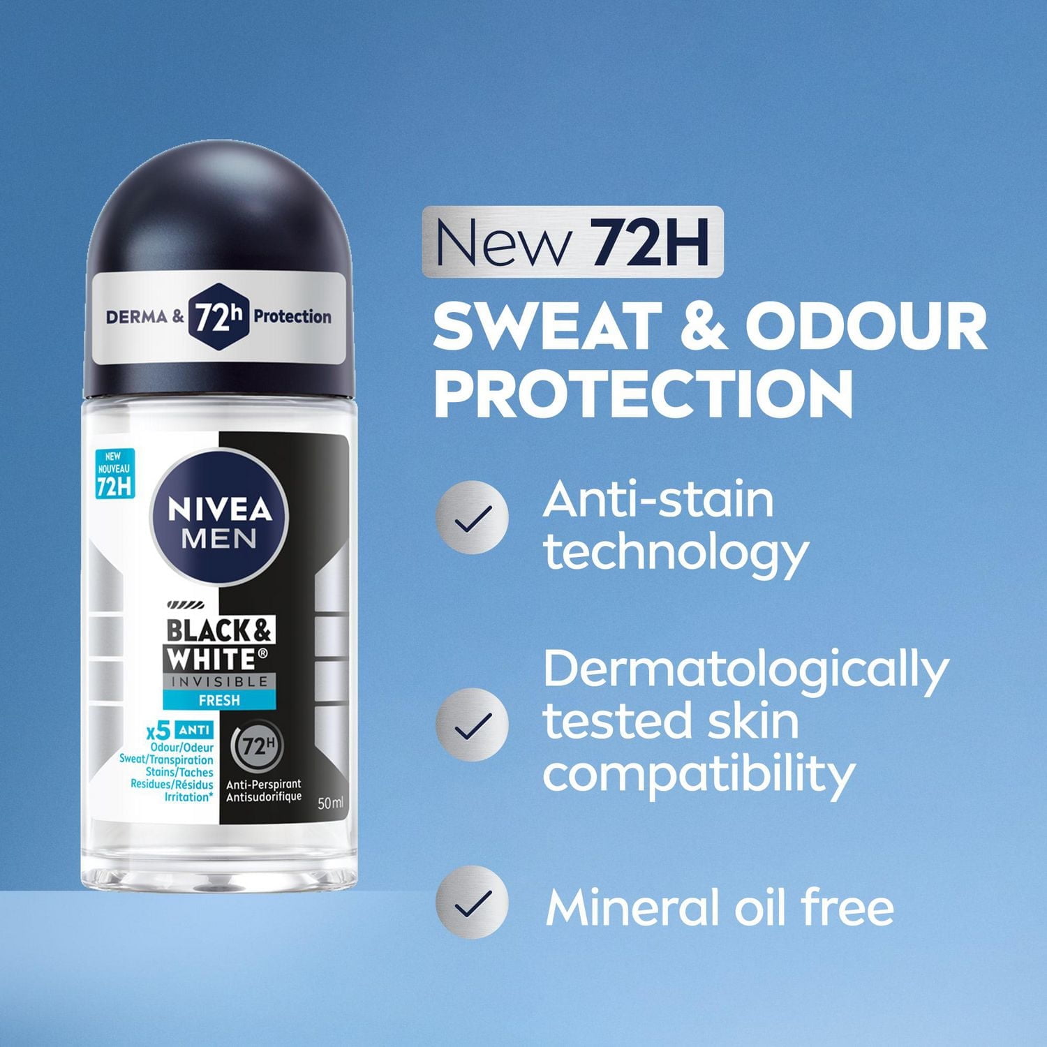 NIVEA MEN Black & White Invisible Roll-On 72-Hr Antiperspirant Deodorant, Fresh, 50mL