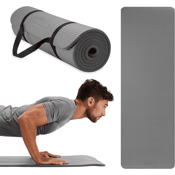 Essentials Thick Yoga Mat Fitness & Exercise Mat with Easy-Cinch Carrier Strap,72"L X 24"W X 2/5 Thick, 10mm-Gery