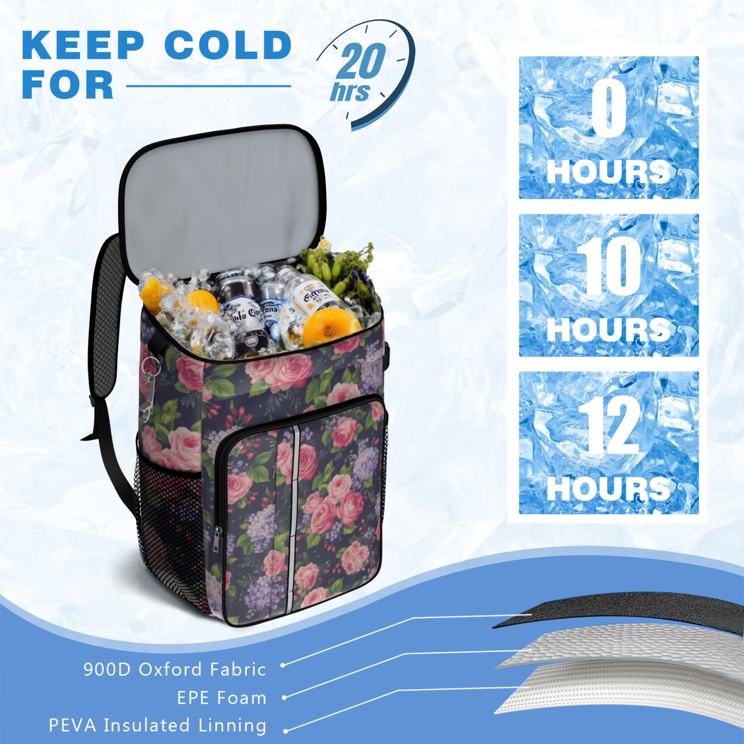 Travel Cooler Bag - Pioneer Flower Floral Print Pattern Camping Beer Cooler Backpack with Bottle Opener- Waterproof Insulated Picnic Backpacks - Cooler Bag for Beach