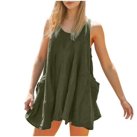 BUIgtTklOP Casual Dress for Women Summer Hem Sleeveless Dress Beach Bikini Cover Up Tank Sundresses with Pockets Women s Summer Comfort Solid Color Backless Round-Neck Dress