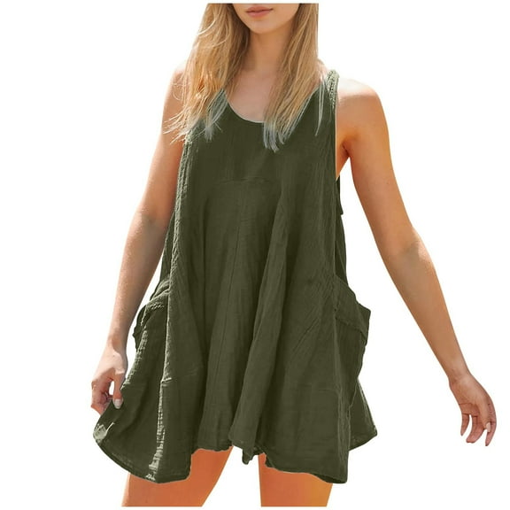 Summer Dresses for Womens 2025 Plus Size Fashion Bohemia Sexy Solid Color Pocket Backless Sleeveless Round-Neck Dress
