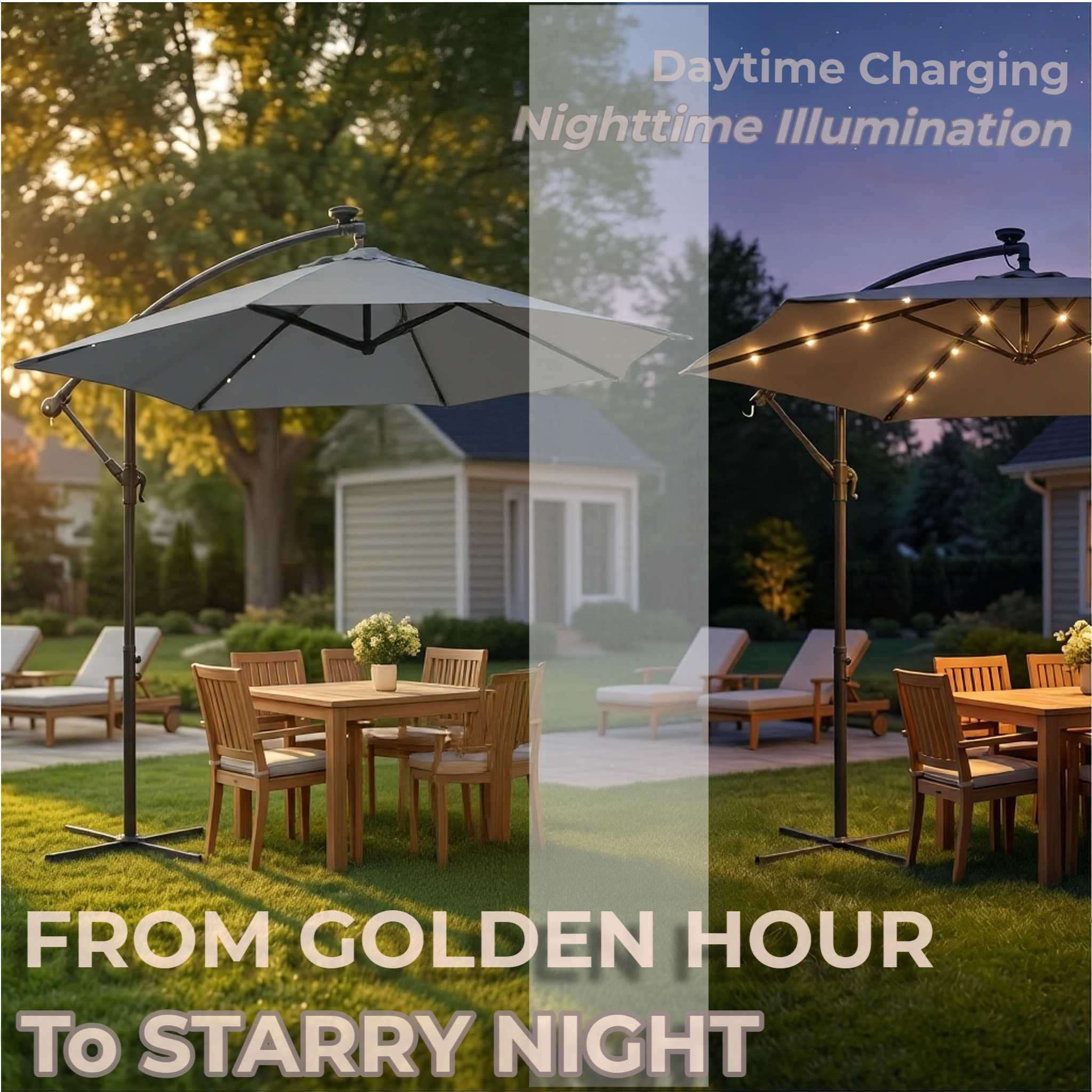 Ktaxon 10FT Patio Umbrella, Offset Cantilever Solar LED Outdoor Patio Table Umbrella, UV Protection, Fade Resistant Fabric, Easy Tilt Adjustment,Cross Base,Gray
