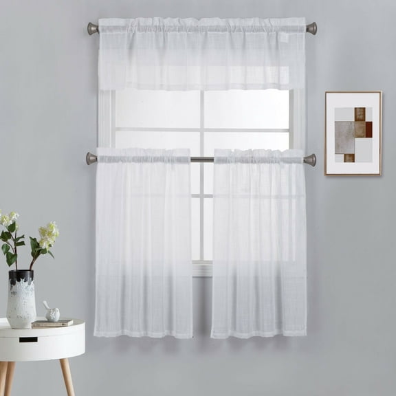 3 Piece Rod Pocket Linen Semi Sheer Kitchen Window Curtain Tiers and Valance Set