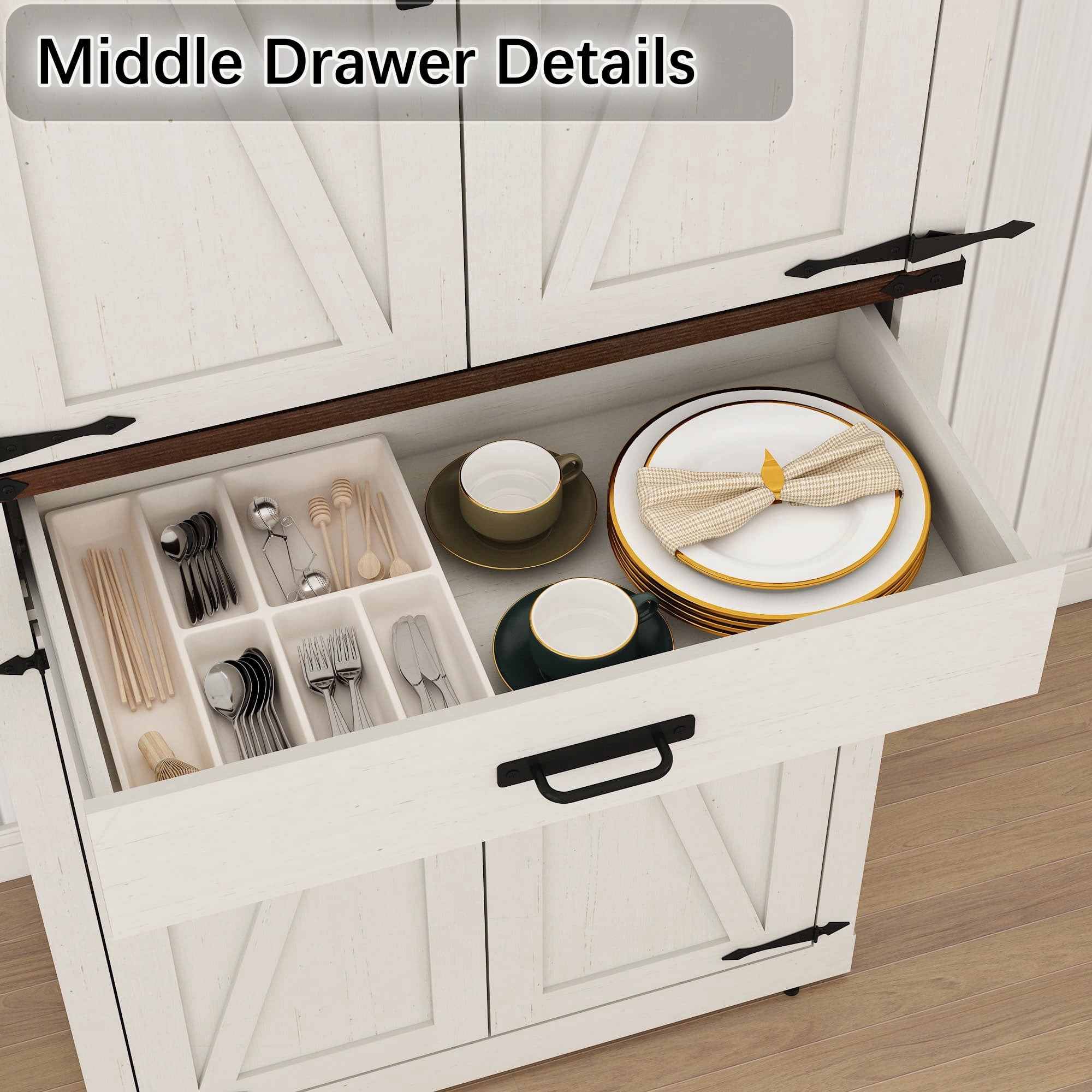 72" Tall Kitchen Pantry, Farmhouse Pantry Cabinet with 1 Drawer & 4 Layer Adjustable Shelves, Rustic Wood Storage Cupboard with Metal Load-Bearing Pipe for Kitchen Bathroom Living Room Hallway