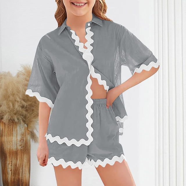 Girls And Boys Casual Short Sleeve Shirt Shorts Ribbon Decorative Cotton Linen Set Clothing Two Piece Set