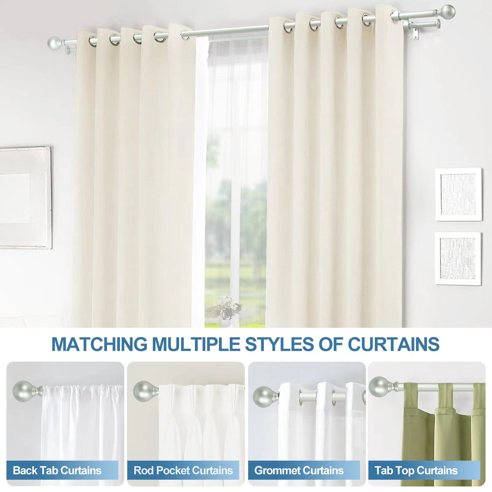 Urbanest Adjustable Double Curtain Rod Set Metal with Decorative Ball Finials, Heavy-Duty, 48"-84", Antique Silver/Pewter