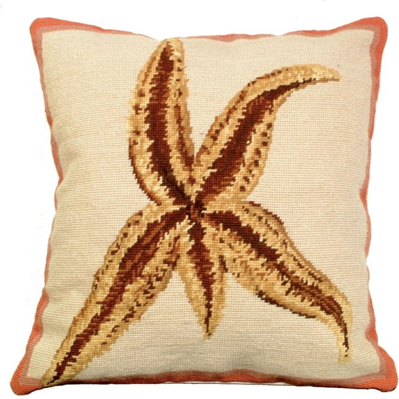 Throw Pillow Needlepoint Sea Star Ocean 18x18 Flesh Beige Wool Cotton Velvet