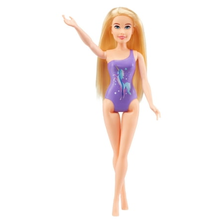 DREAM ELLA Splash Doll - Aria, 11.5" Blonde in Purple Swimsuit with Unicorn Graphic