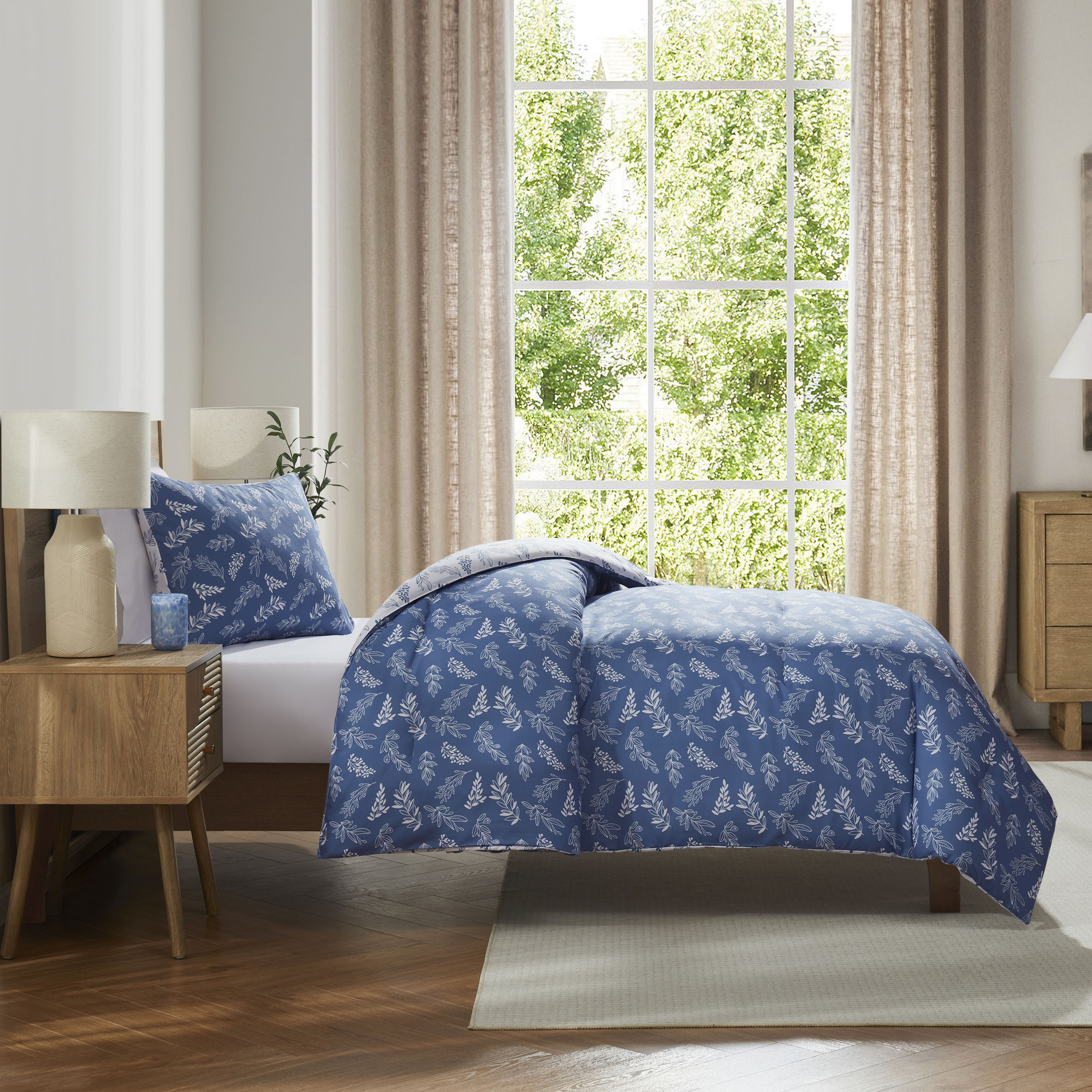 LammaLoe Twin Comforter Sets, 2 Piece Botanical Bed in a Bag, Reversible Bedding Comforter Set with Sheets, Modern Bed Set, Slate Blue/Cloud Stone