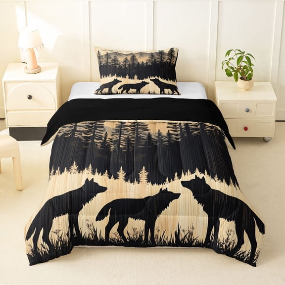 Manfei Wild Wolves Twin Comforter Sets,Wooded Pine Grove Bedding Set,Brown,Black Reversible,2 Pieces,1 Comforter and 1 Pillowcase