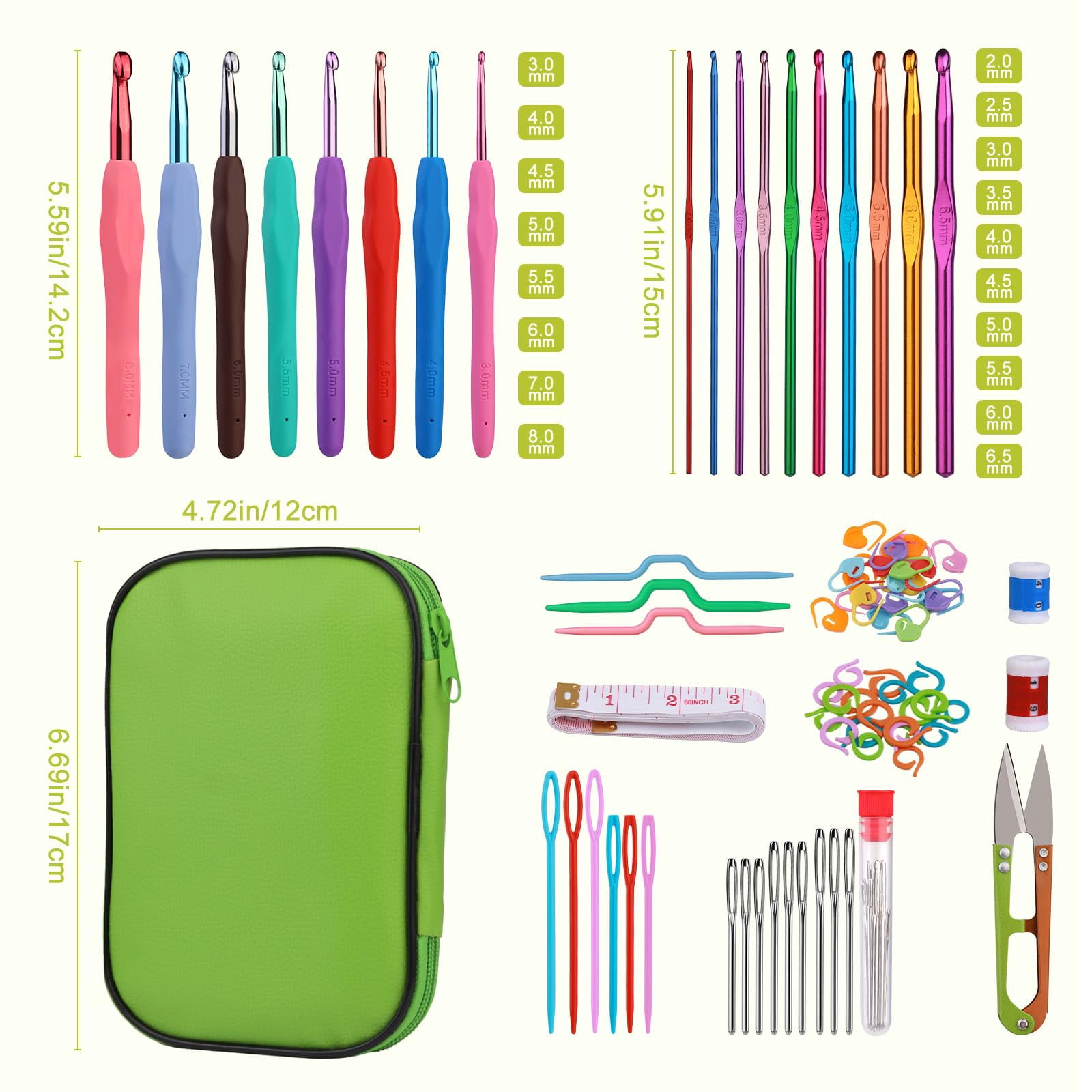 CAURHQSX Fenrry Crochet Hook Set Crochet Needle Kit Beginner Yarn Needles Green Case and Crochet Accessories for Knitting Craft