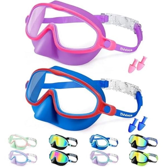 Swim Goggles with Nose Cover, 2 Pack Wide View Diving Mask Anti-Fog UV No Leak Toddlers Swimming Goggles for Kids 3-15
