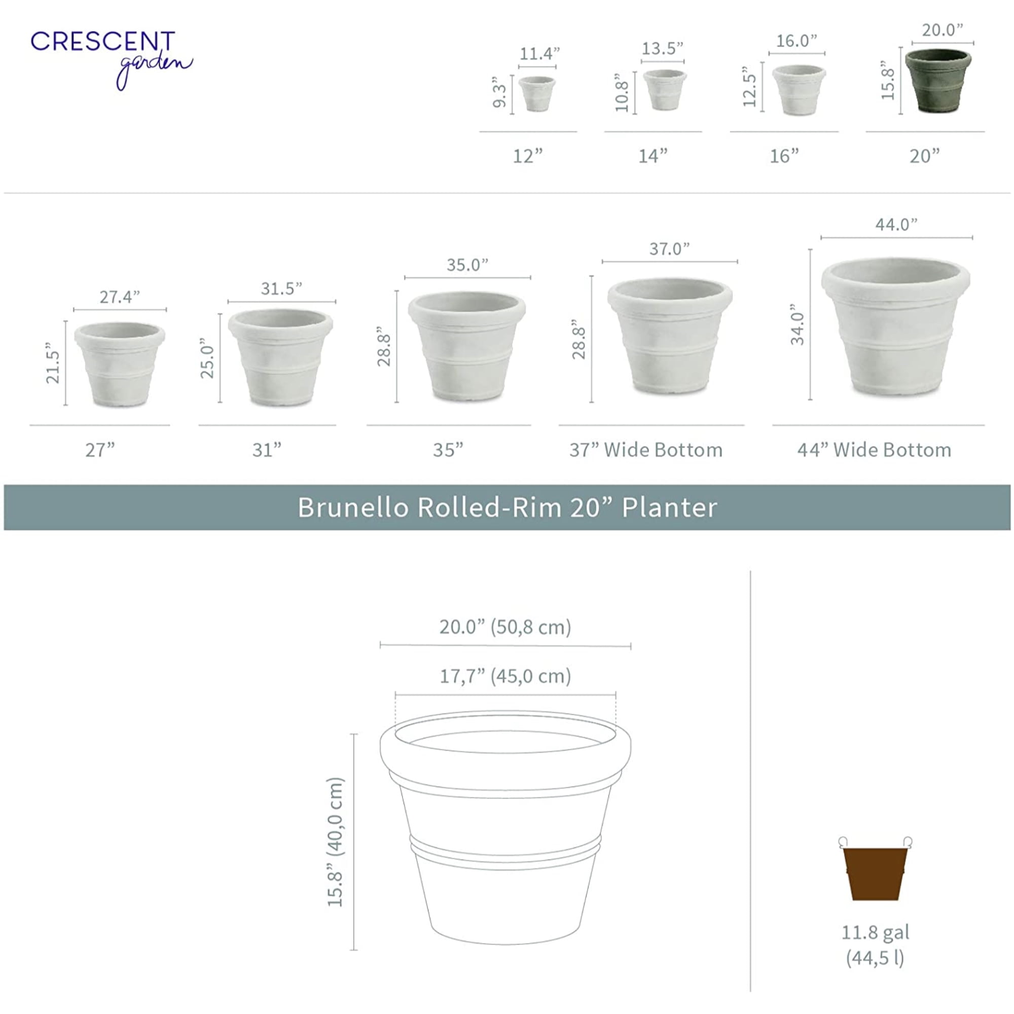 Crescent Garden (#A265033) Brunello Classic Rolled-Rim Planter, Rust 20"