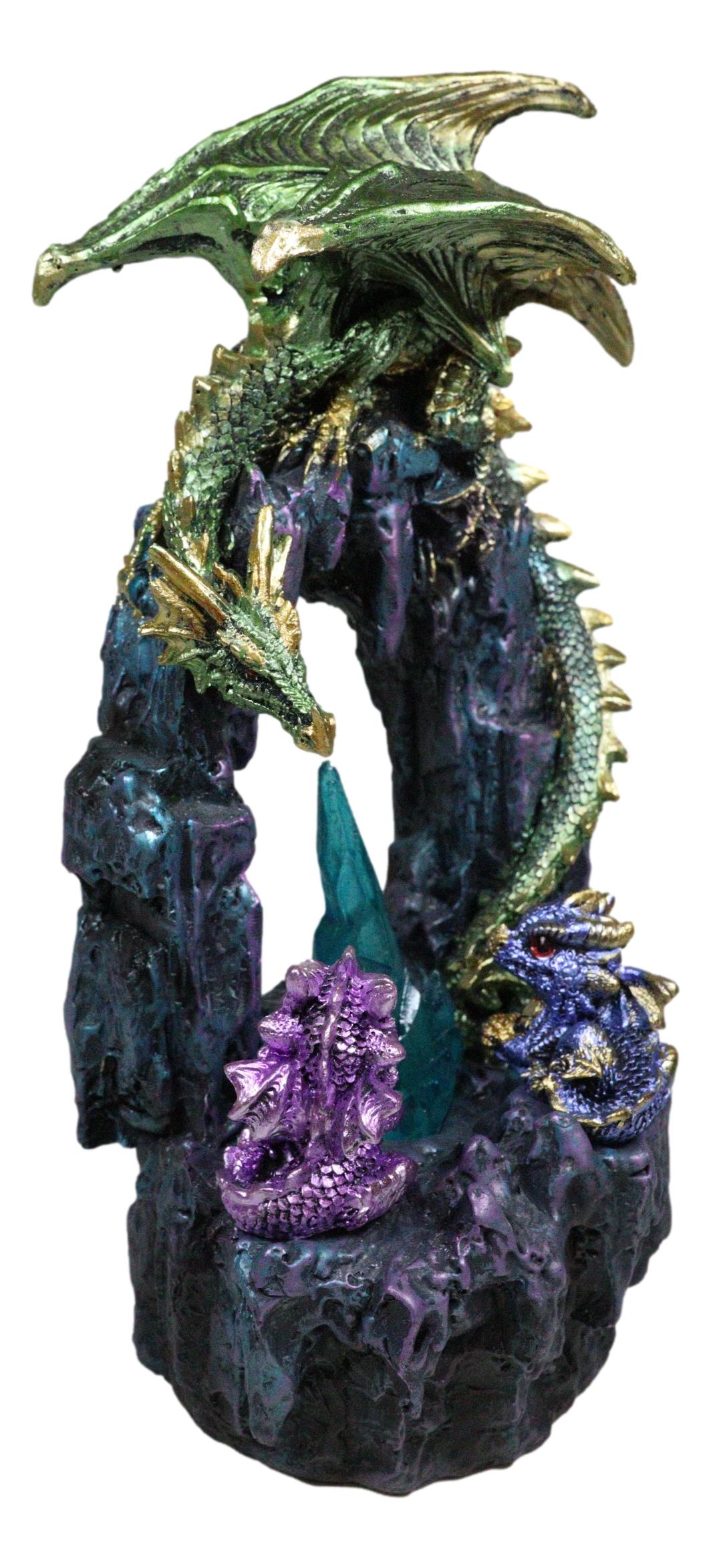 Green And Gold Dragon Guarding Faux Geode Rock Arch With LED Crystals Figurine