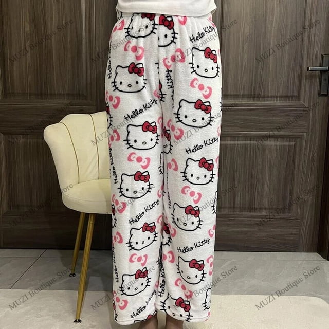 Sanrio-pantalones de pijama de Hello Kitty para mujer, pantalón de tela suave de dibujos animados, cálido, a la moda, para el hogar, Kawaii, regalos de vacaciones