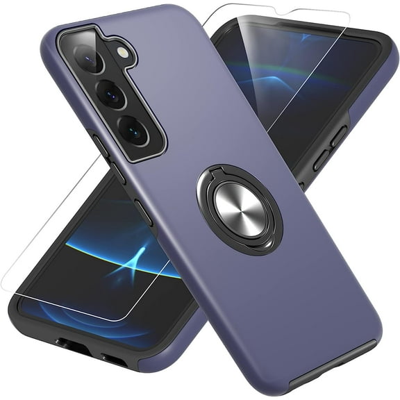 Galaxy S22 Case, Samsung Galaxy S22 Case with HD Screen Protector, [Military Grade] Shockproof Protection Case with 360° Magnetic Ring Holder Kickstand Phone Case for Samsung S22, Blue