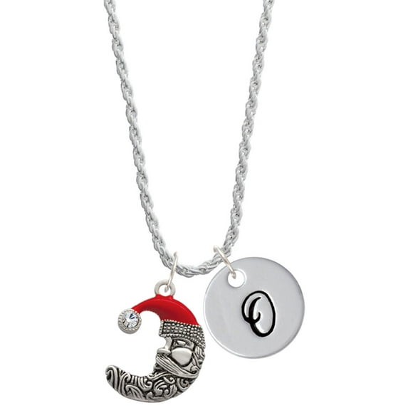 Delight Jewelry Silvertone Large Crescent Moon Santa Face Silvertone Script Initial Disc - O - Charm Necklace, 20"+3"