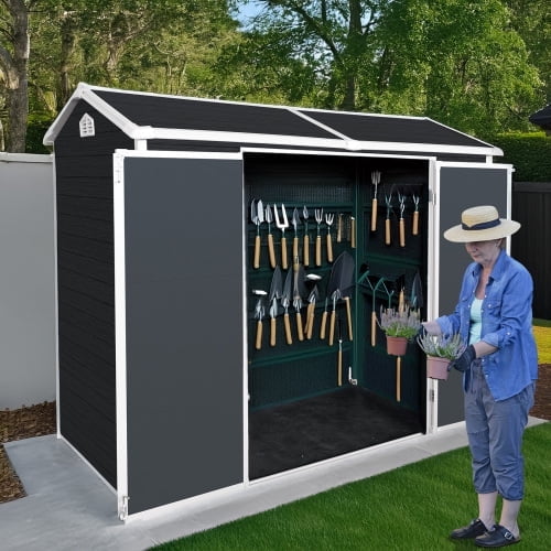 8x4ft Outdoor Resin Garden Shed with Floor and 2 Windows, Plastic Patio Outdoor Storage Shed with Lockable Door for Garden Tools, Bicycles, Trash Cans, Black