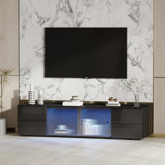 BTMWAY Black High Gloss TV Stand with 16 Colors LED Lights for 32-55 Inch TV