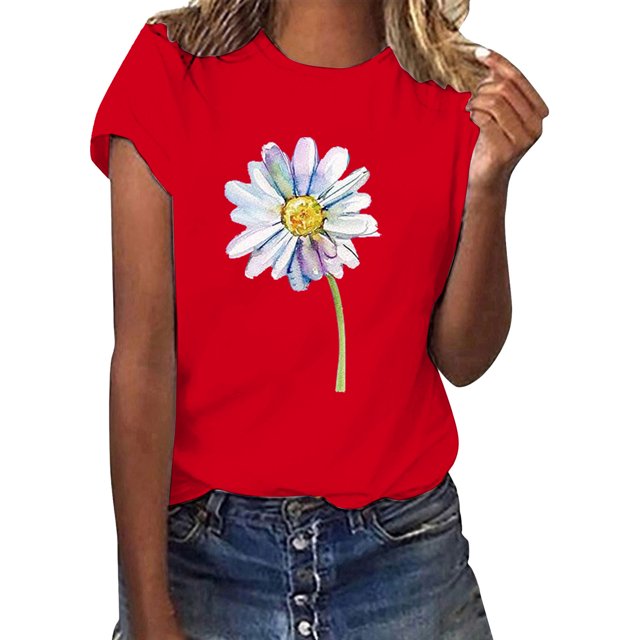 Hauts d'Été pour Femmes, Blouses Décontractées Élégantes 2024, T-Shirts à Manches Courtes Imprimés, Col Rond, Ample, Rouge