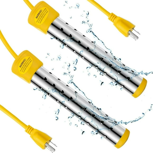 QUTETN 2 Pcs Chauffe-Eau à Immersion, Seau Chauffant Anti-Brûlure, Chauffage Rapide, Chauffage à Immersion pour Intérieur et Extérieur (Jaune 1500 W)