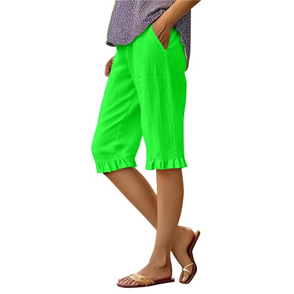 Audhol Women's Shorts! Womens Casual Loose Elastic Waist Cotton Trouser Cropped Wide Leg Pants Knee Length Shorts Women Green L
